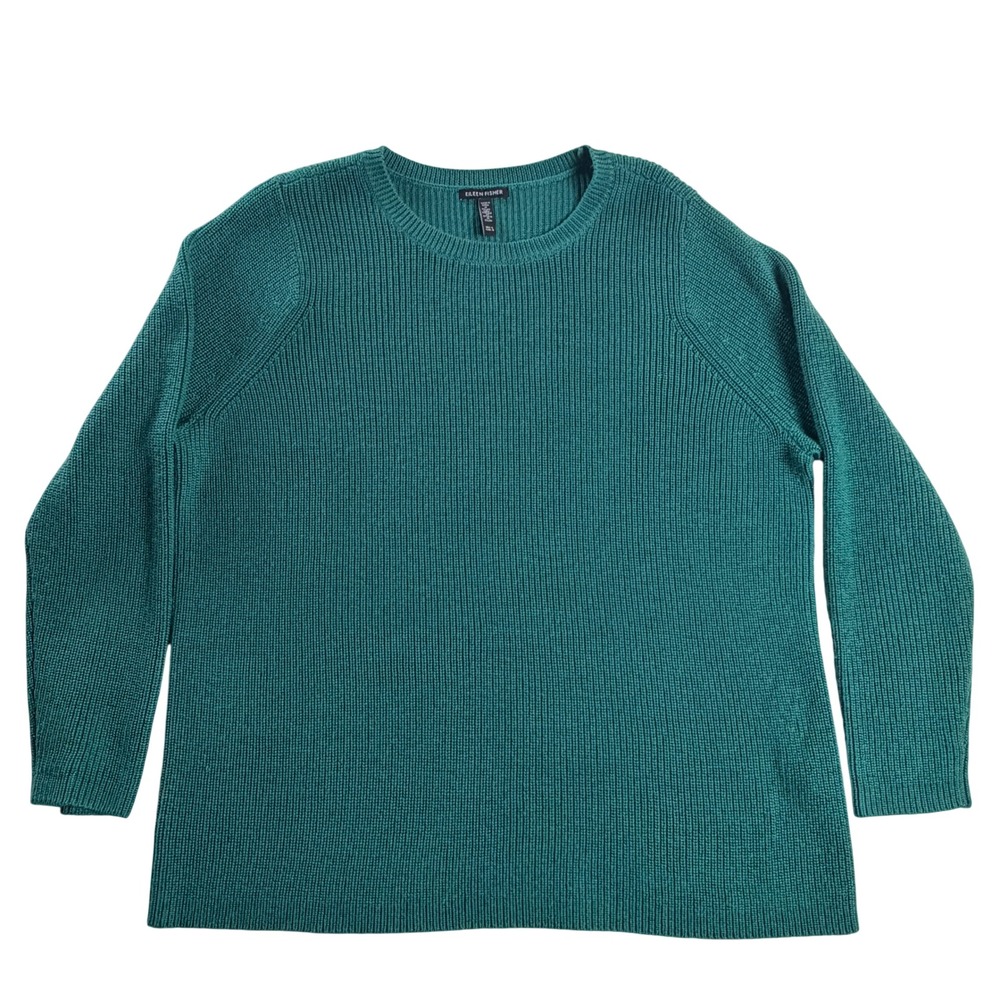Eileen Fisher Womens L 100% Merino Wool Teal Green Shaker Knit Crew Sweater